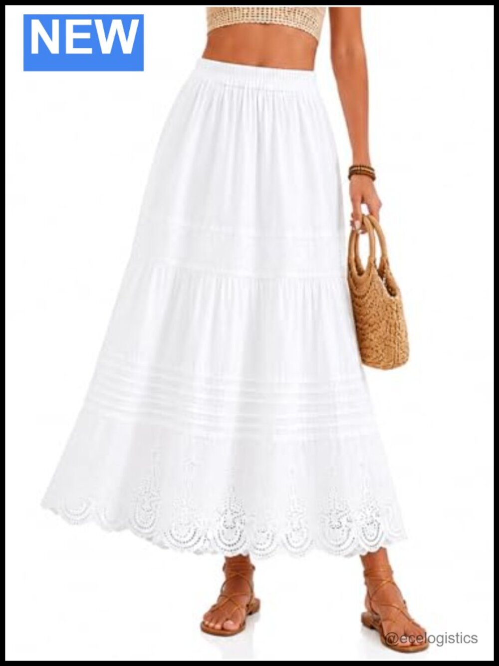 Women's Cotton Midi Skirt High Rise A-Line Boho Summer Flowy Elastic Waist